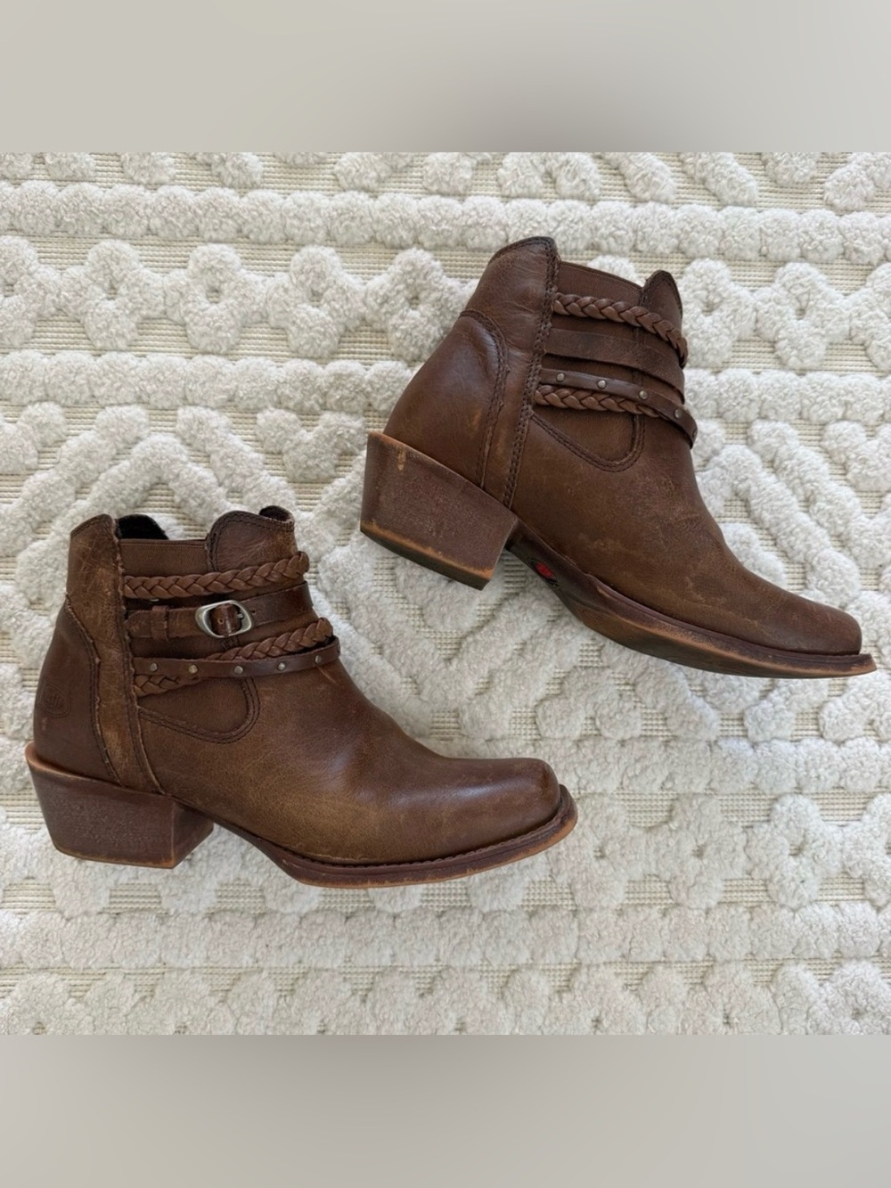 Justin Brown Leather Western Booties 8B Braided Strap Cowboy Ankle Boots